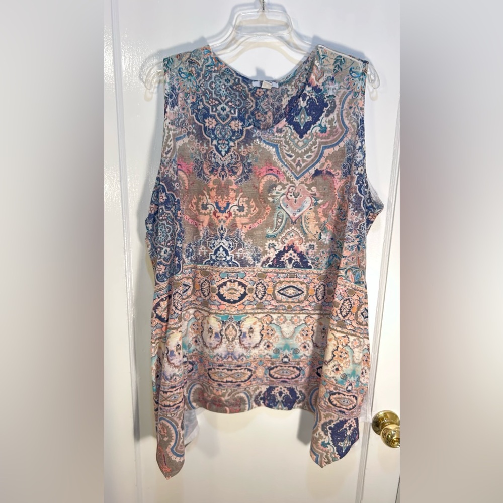 Croft And Barrow Women's 2X Sleeveless Blouse Blue/Coral  Paisley Pattern